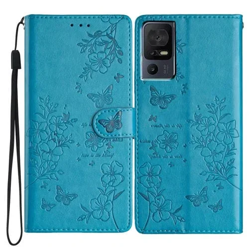 Funda para TCL 40 Se de Cuero con Relieve Flor de Amor y Mariposa (Azul)