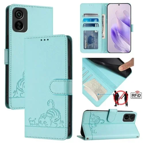 Funda para Tecno Pop 6C Cat Rat de Cuero Rfid con Patrón en Relieve y Cordón (Verde Menta)