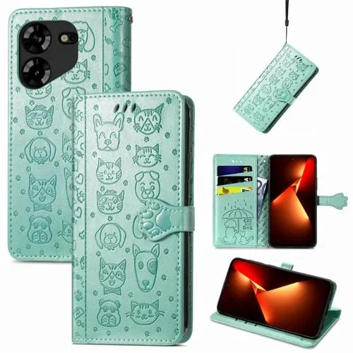 Funda para Tecno Pova 5 4G Cuero con Relieve Perros y Gatos (Verde)