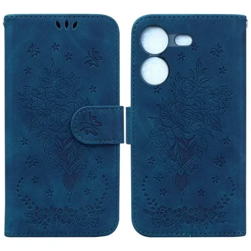 Funda para Tecno Pova 5 Butterfly Rose en Cuero en Relieve (Azul)