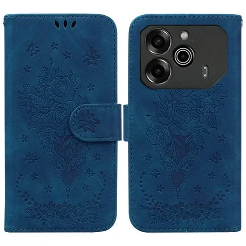 Funda para Tecno Pova 6 y Pova 6 Pro de Cuero con Relieve Mariposa y Rosa (Azul)