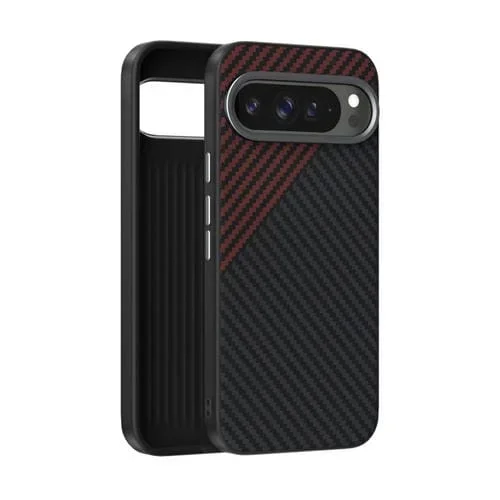 Funda para Teléfono Abeel C Fibra de Carbono Microrelieve Magsafe 6D para Google Pixel 9 Pro XL (Negra y Roja)