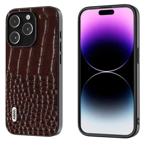 Funda para teléfono Abeel iPhone 15 Pro Max Patrón de Cocodrilo Cuero Genuino con Borde Negro (Café)