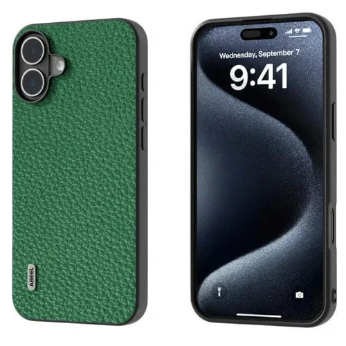 Funda para Teléfono Abeel iPhone 16 Plus Textura de Lichi Cuero Genuino (Verde)