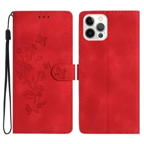 Funda para Teléfono Apple iPhone 15 Pro Cuero Flor Mariposa Relieve (Rojo)