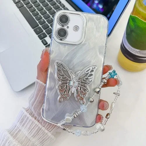 Funda para Teléfono Apple iPhone 16 con Correa para Muñeca y Textura de Película de Lente (Blanca)