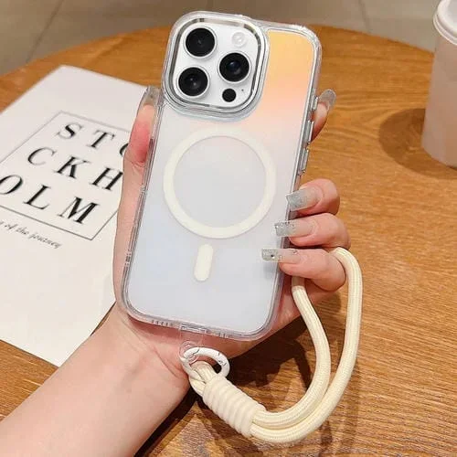 Funda para Teléfono Apple iPhone 16 Pro Max Correa para Muñeca Diseño Sombra Brillante Magsafe (Blanca)