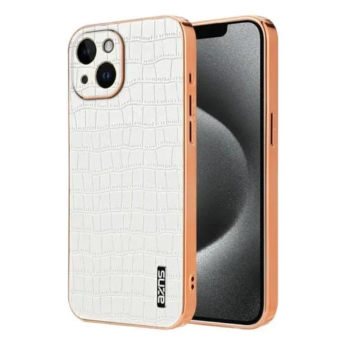 Funda para Teléfono Azns para iPhone 14 Plus Cobertura Total Textura de Cocodrilo Marco Galvanizado (Blanco)