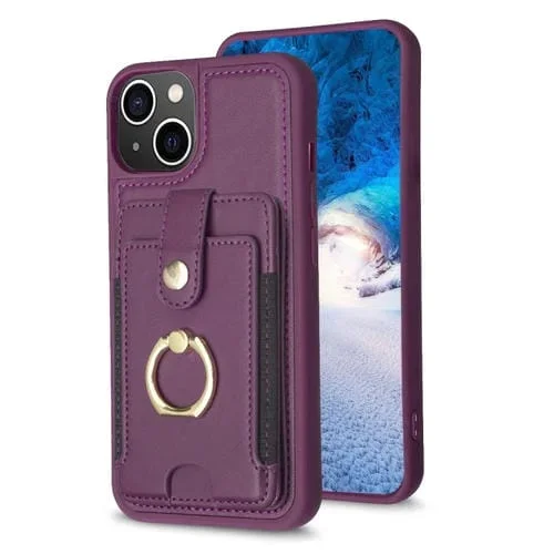 Funda para Teléfono Bf27 para iPhone 15 con Soporte para Tarjeta y Anillo de Metal (Púrpura Oscuro)