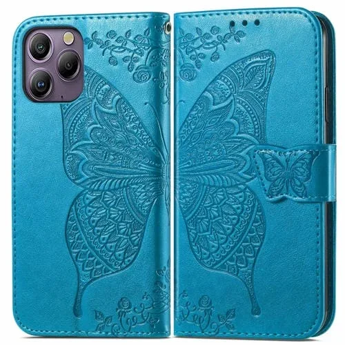 Funda para Teléfono BlackView A96 Cuero con Relieve Flor de Amor y Mariposa (Azul)