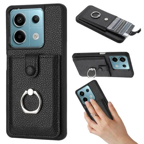 Funda para Teléfono con Diseño de Textura de Lichi para Redmi Note 13 5G, con Soporte para Anillo y Diseño de Tarjeta (Negro)