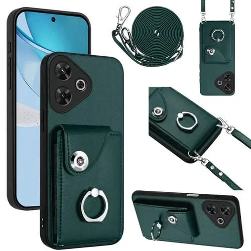 Funda para Teléfono con Soporte para Tarjeta de Identificación y Anillo para Redmi 13 4G/5G con Cordón Largo (Verde)