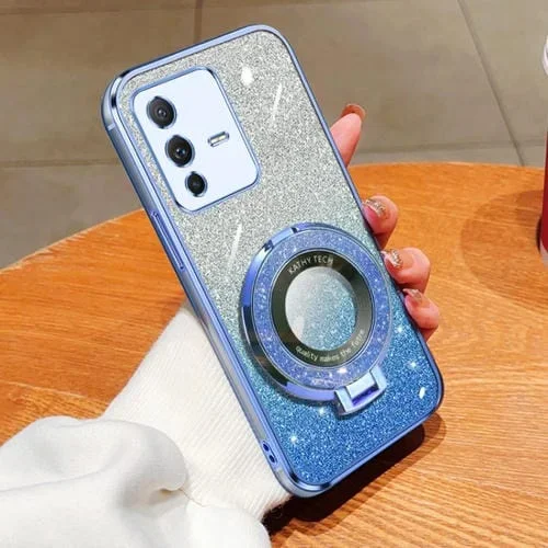 Funda para Teléfono con Soporte Redondo de TPU con Purpurina Degradada Chapada para Vivo S12/V23 5G (Azul Sierra)