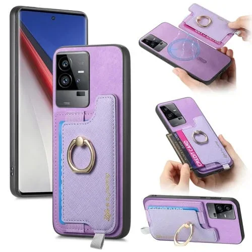 Funda para Teléfono con TaRJetero y Anillo de Cuero con Diseño Retro Magsafe para Vivo Iqoo 11 Pro 5G (Morado)
