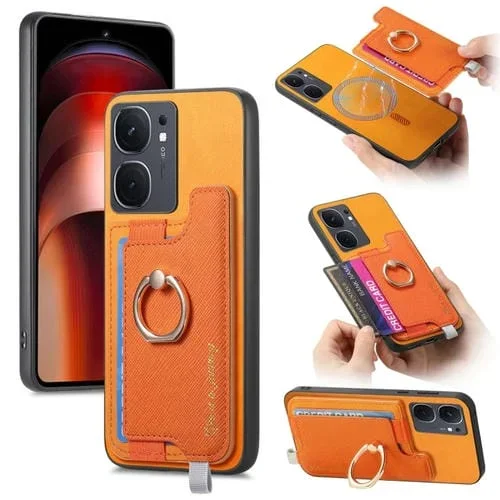 Funda para Teléfono con TaRJetero y Anillo de Cuero con Diseño Retro Magsafe para Vivo Iqoo Neo9/Neo9 Pro 5G (Amarillo)