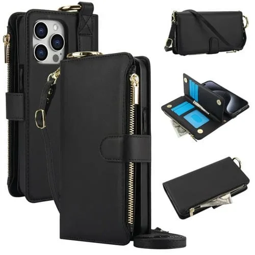 Funda para Teléfono Cuero con Billetera y Anillo Cruzado iPhone 12 Pro Max (Negro)