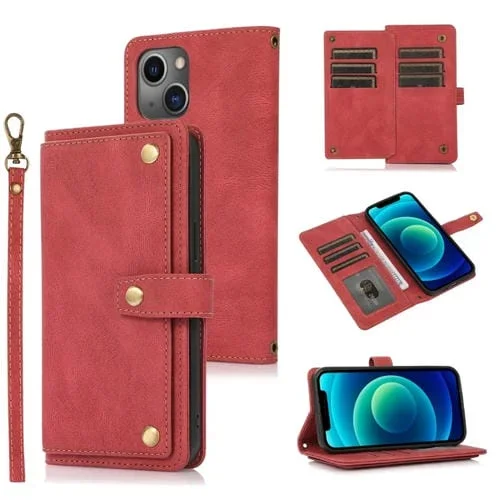 Funda para Teléfono Cuero con Cordón iPhone 14 (Rojo)