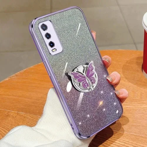 Funda para Teléfono de TPU con Soporte para Mariposas con Purpurina Degradada Plateada para Vivo Y30/Y20 (Morado)
