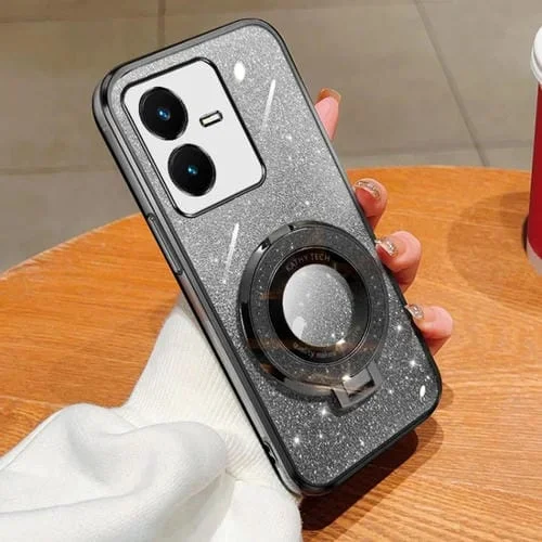 Funda para Teléfono de TPU con Soporte Redondo con Purpurina Degradada Plateada para Vivo Y22/Y22S (Negro)