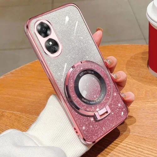Funda para Teléfono de TPU con Soporte Redondo y Purpurina Degradada Plateada para Oppo A17 (Rosa)