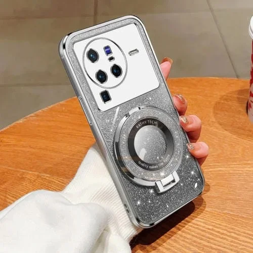 Funda para Teléfono de TPU con Soporte Redondo y Purpurina Degradada Plateada para Vivo X80 Pro (Plateada)