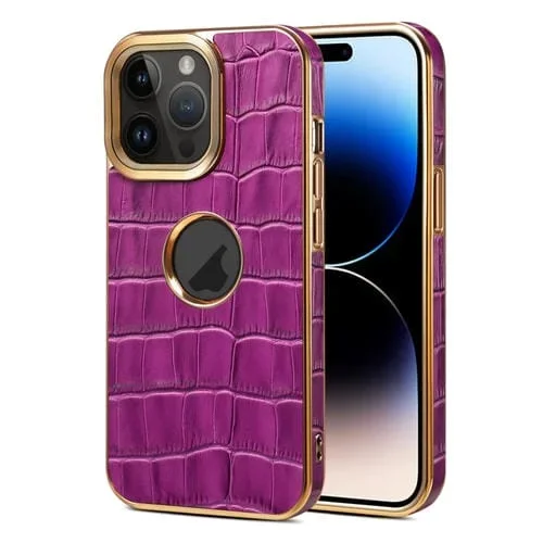Funda para Teléfono Denior iPhone 15 Pro Galvanoplastia Cuero Genuino Textura Cocodrilo (Púrpura)