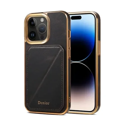 Funda para teléfono Denior Oil Wax Leather para iPhone 15 Pro con ranura para tarjeta (Negro)