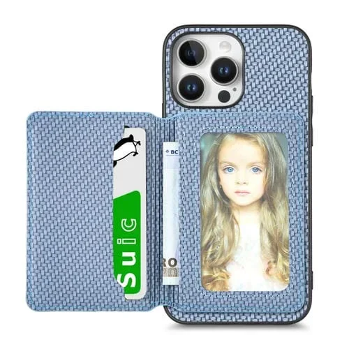 Funda para Teléfono Fibra de Carbono con Bloqueo RFID y Billetera para iPhone 16 Pro Max (Azul)