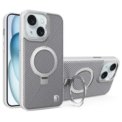Funda para Teléfono Fibra de Carbono con Soporte Magsafe para iPhone 15 (Gris)
