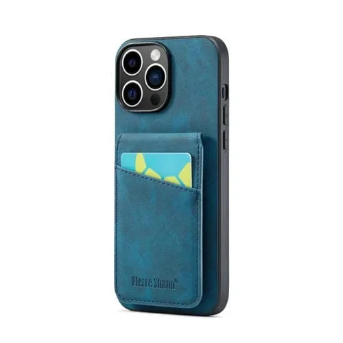 Funda para teléfono Fierre Shann Crazy Horse para iPhone 15 Pro Max titular de tarjeta contraportada (Azul)