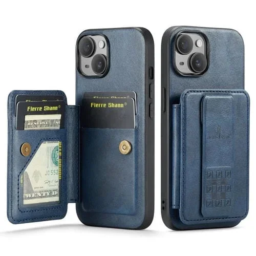 Funda para Teléfono Fierre Shann iPhone 14 Oil Wax con Tarjetero de Cuero de Vaca (Azul)