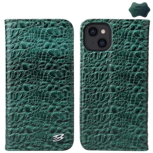 Funda para Teléfono Fierre Shann iPhone 14 Plus Cuero Genuino Magnético Textura Cocodrilo (Verde)