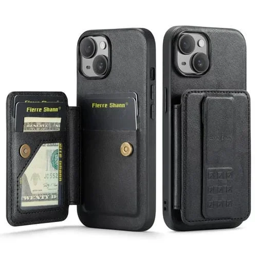 Funda para Teléfono Fierre Shann iPhone 15 Oil Wax con Tarjetero de Cuero de Vaca (Negro)
