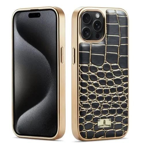 Funda para teléfono Fierre Shann iPhone 15 Pro Max PU Galvanoplastia Textura Cocodrilo (Negro)