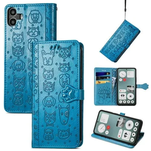 Funda para Teléfono For Nothing cmf Phone 1 Cuero con Relieve Perros y Gatos (Azul)