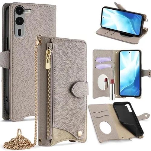 Funda para Teléfono Fujitsu Arrows We2 Plus F-51E con Cadena Cruzada y Cola de Pez de Cuero de Lichi (Gris)