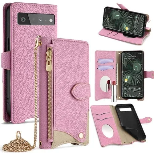 Funda para Teléfono Google Pixel 6 Pro con Cadena Cruzada Piel de Lichi y Cola de Pez (Rosa)