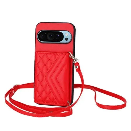 Funda para Teléfono Google Pixel 9 Pro XL con Textura Rómbica y Tarjetero RFID con Cordón Largo (Rojo)