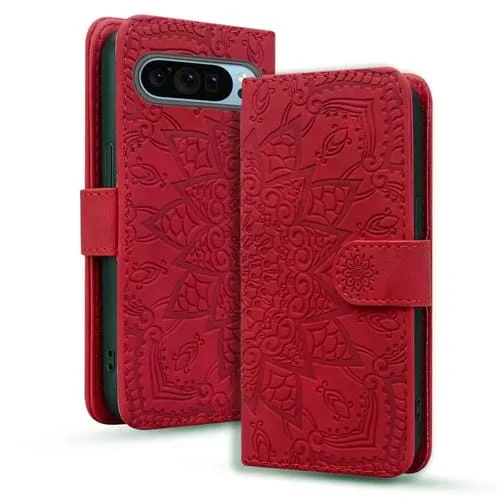 Funda para Teléfono Google Pixel 9 Pro XL de Piel de Becerro con Doble Pliegue y Relieve Mandala (Rojo)
