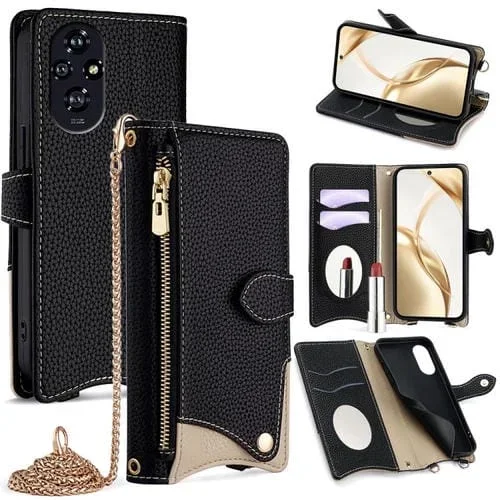 Funda para Teléfono Honor 200 con Cadena Cruzada y Diseño Cola de Pez de Cuero de Lichi (Negro)