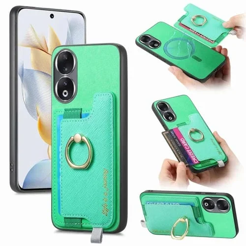 Funda para Teléfono Honor 90 Pro 5G con Tarjetero y Anillo de Cuero Magsafe Cross (Verde)