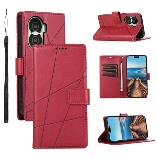 Funda para Teléfono Honor X40I PU con Línea en Relieve y Textura Cuero Genuino (Rojo)