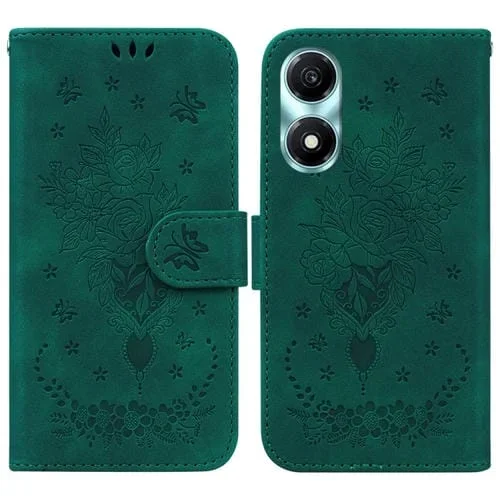 Funda para Teléfono Honor X5 Plus Play 40C Cuero con Relieve Mariposa y Rosa (Verde)