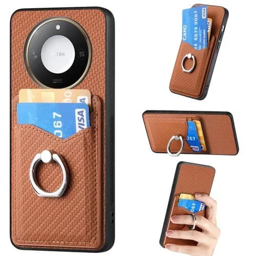 Funda para Teléfono Honor X60 con Anillo y Billetera Fibra de Carbono (Marrón)