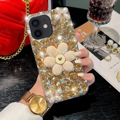 Funda para Teléfono iPhone 11 con Soporte de Girasol y PC con Diamantes Colocados a Mano (Dorado)