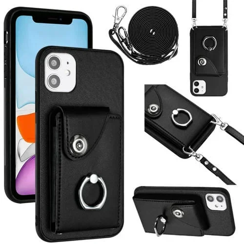Funda para Teléfono iPhone 11 con Soporte para Anillo y Bolsa para Tarjeta con Cordón Largo (Negro)