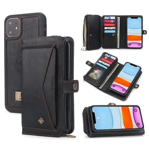 Funda para Teléfono iPhone 11 Cuero con Billetera y Cremallera Multifuncional (Negro)