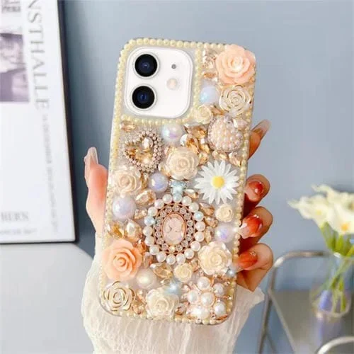 Funda para Teléfono iPhone 11 Forma de Rosa con Incrustaciones de Diamantes (Amarillo)