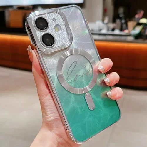Funda para Teléfono iPhone 11 Magsafe TPU con Brillo Degradado Plumas Doble Amor (Verde)