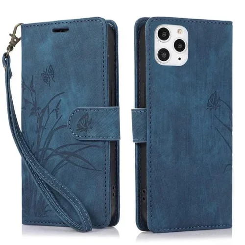 Funda para Teléfono iPhone 11 Pro Cuero con Relieve Mariposa Orquídea (Azul)